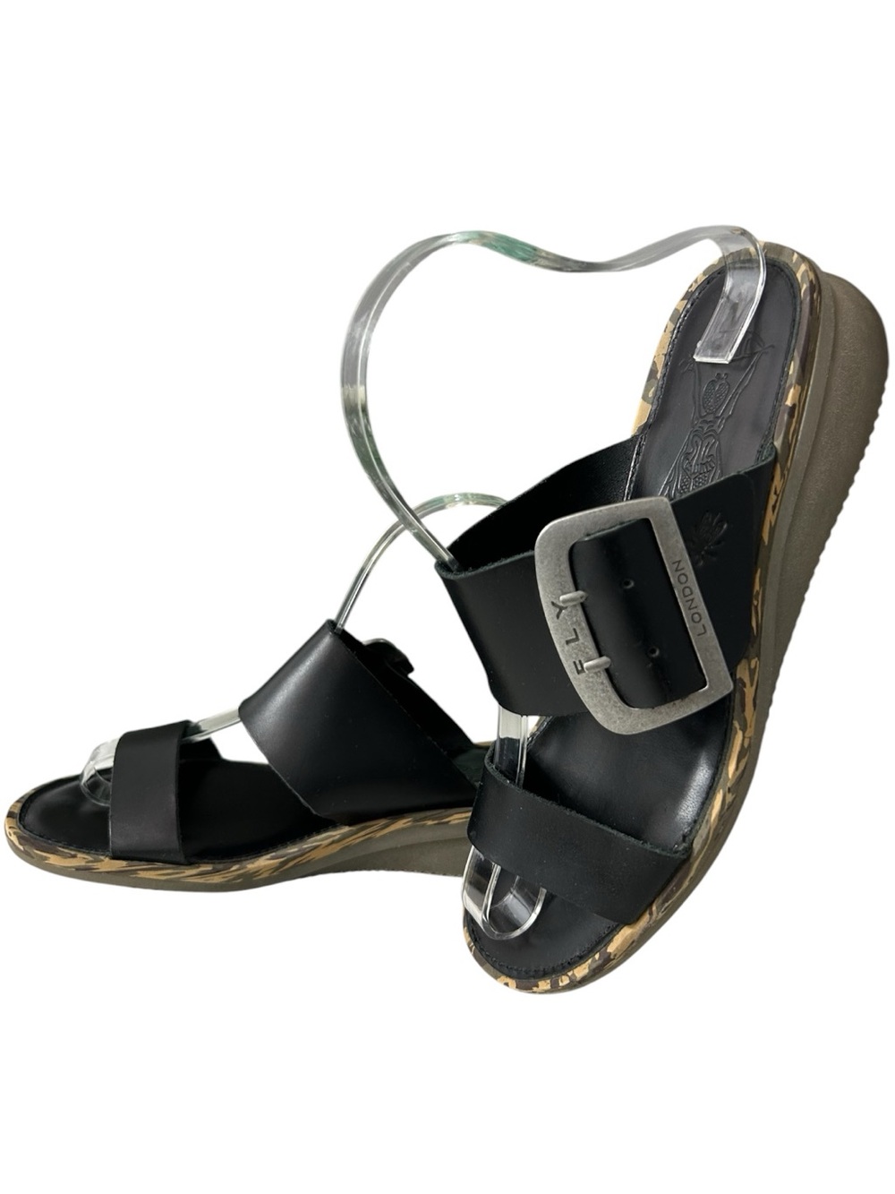 Fly London Cape Bridle Leather Slip On Sandal Buckle Black Size 38